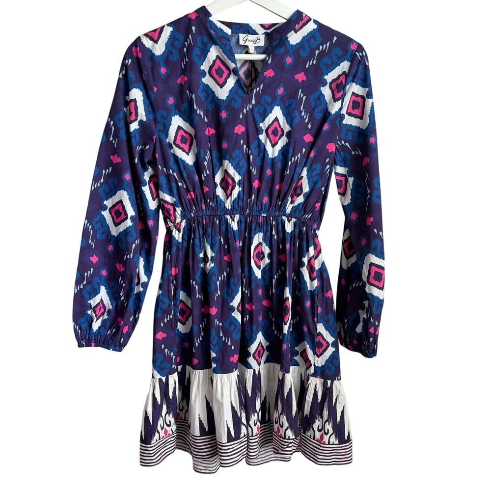 Garrie B Geometric Cotton Puff Sleeve V-Neck Mini Dress Blue White Womens S NWT